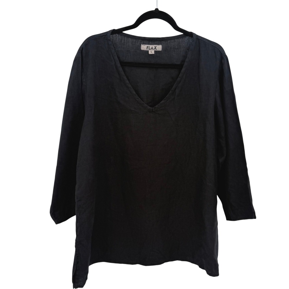 FLAX Womens Black 100% Linen V-Neck 3/4 Sleeve Tunic Top Large Lithuania